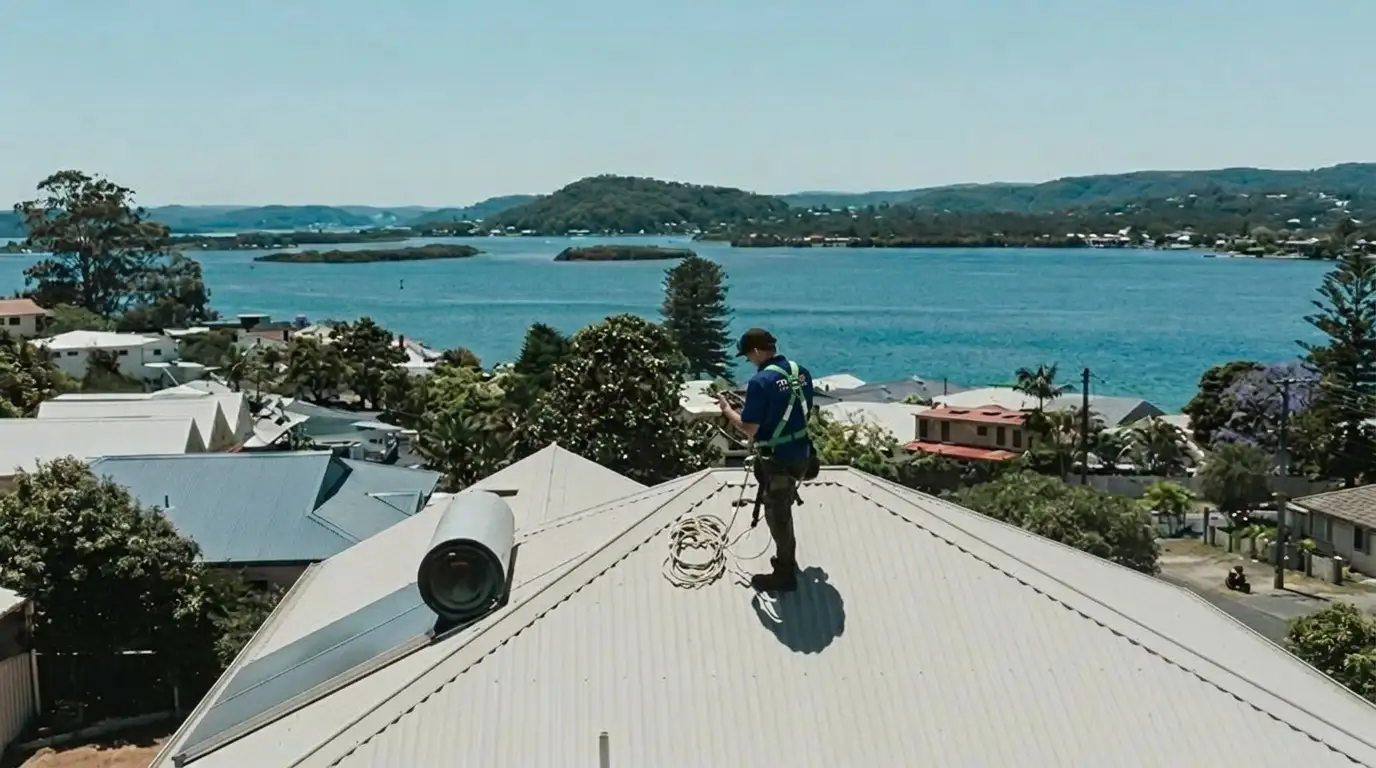 Tradetek roofer on rooftop with harbour view